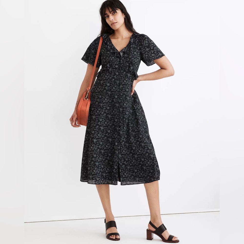 Madewell Ruffled Tiered Midi Floral Dotted Vines Dress - Size S
